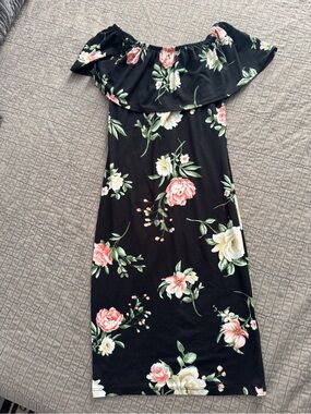 IRIS Black Floral Off Shoulder Midi Dress Ruffle Overlay Bodycon Size Small